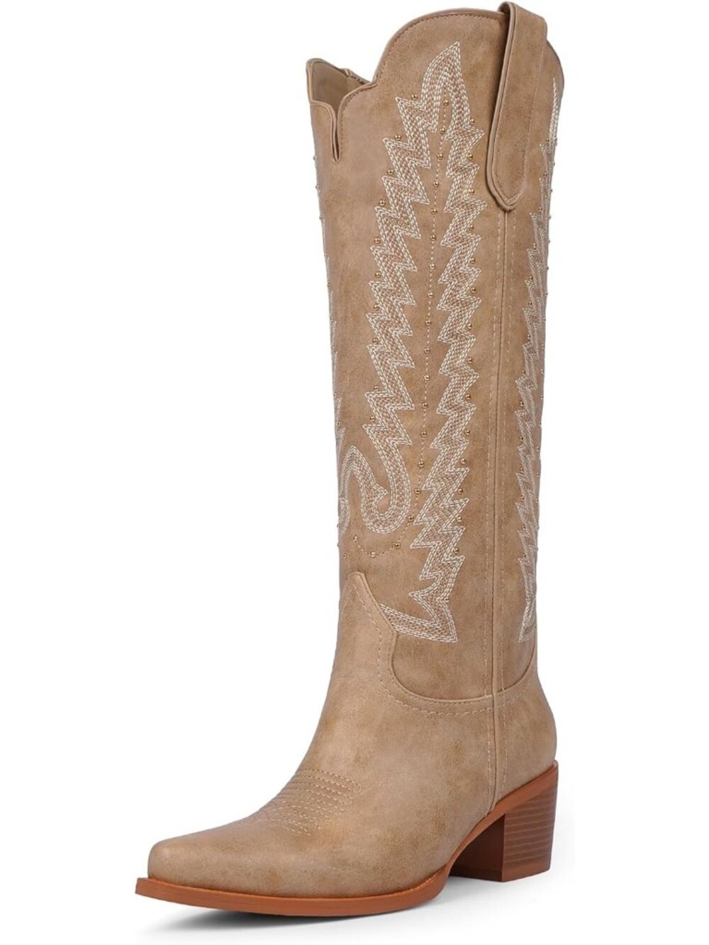 Women's Light Khaki Knee High Cowboy Boots 2.2 Inch Chunky Heel Pointed Toe - Picture 5 of 6